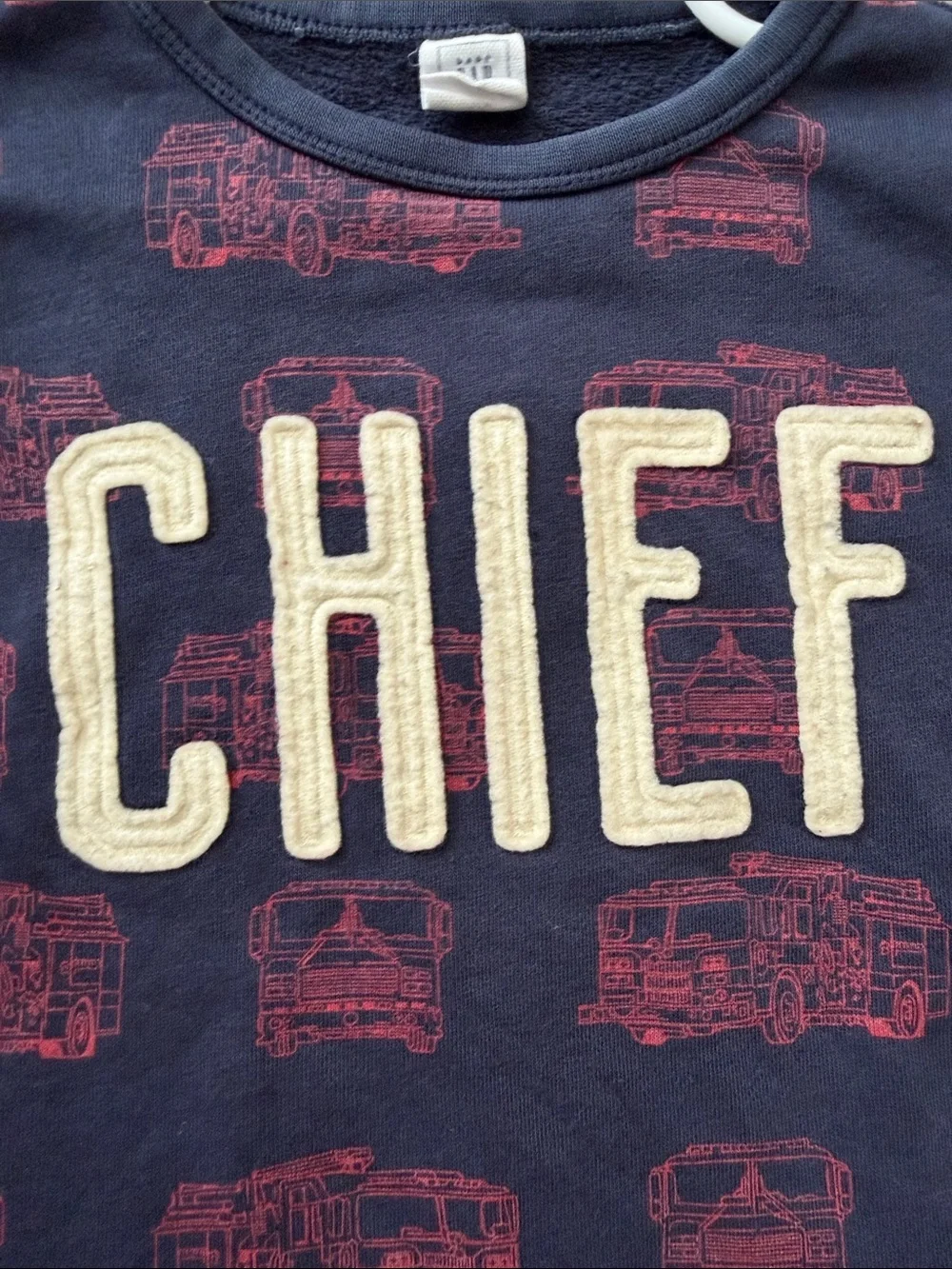 GAP Kids Navy Sweatshirt with Red Firetruck Print and Cream 'CHIEF' Patch